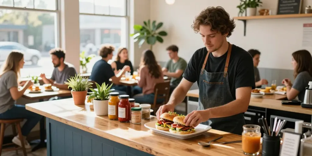 Exciting café scene showcasing the best breakfast Austin, featuring NYC-inspired breakfast sandwiches being prepared with fresh ingredients.