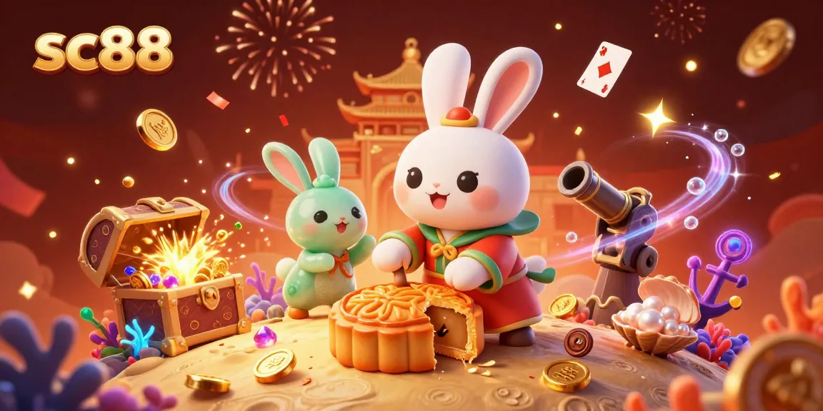 Experience the thrill of sc88 with a vibrant 3D illustration of moon rabbits and rich casino elements.