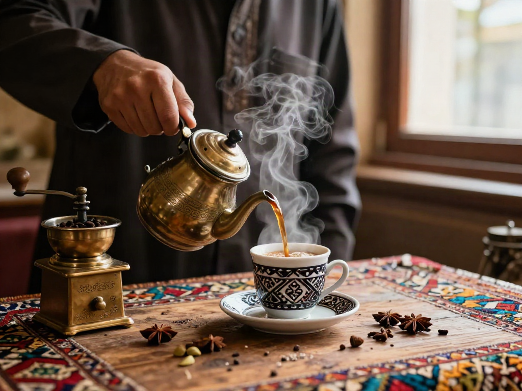 تحضير قھوجي وصبابین بلقطات دافئة تعكس التراث الثقافي وتفاصيل القهوة العربية.