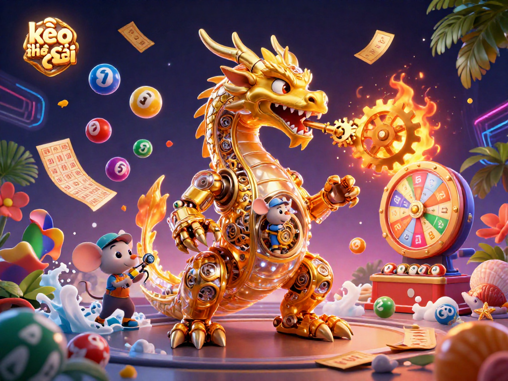 Experience kèo nhà cái excitement with a golden dragon and a dynamic lottery scene filled with vibrant elements.