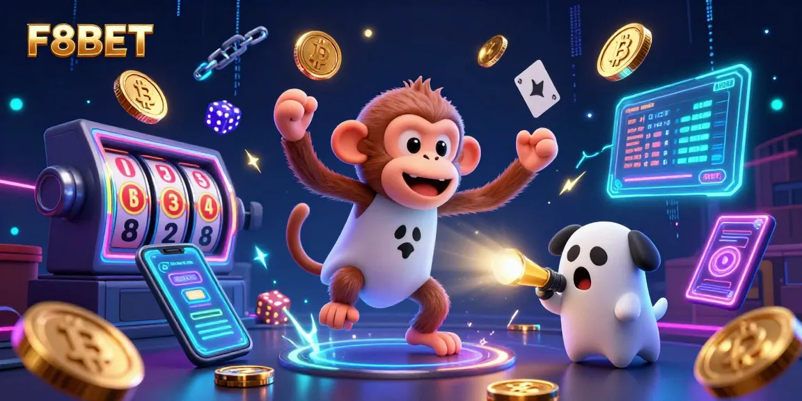 Join the excitement at F8BET with an illustrated scene of gambling and crypto elements in a haunted casino.