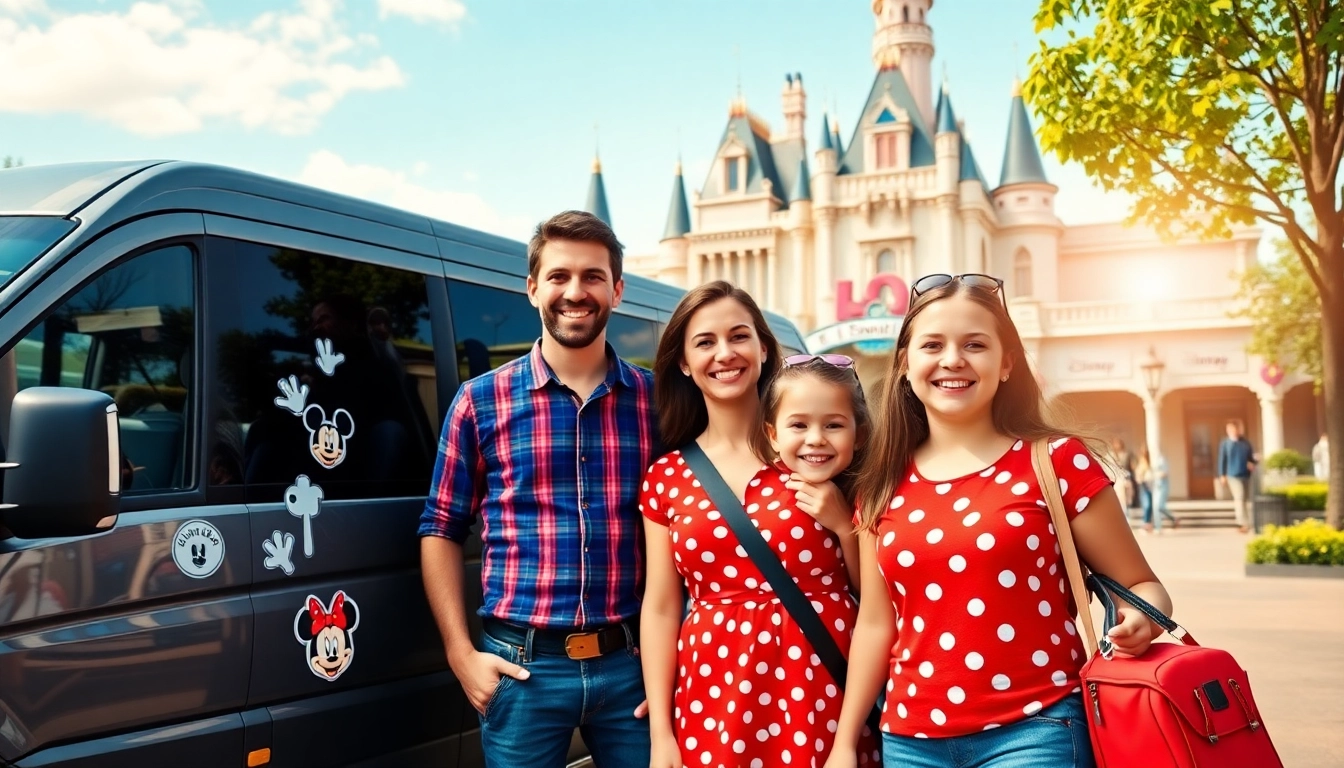 Family excited for their Beauvais Airport to Disney Transfer, waiting by a Disney-themed van.