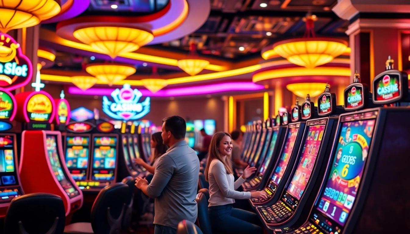 สล็อต machines in a vibrant casino atmosphere with lively players engaged in the game.
