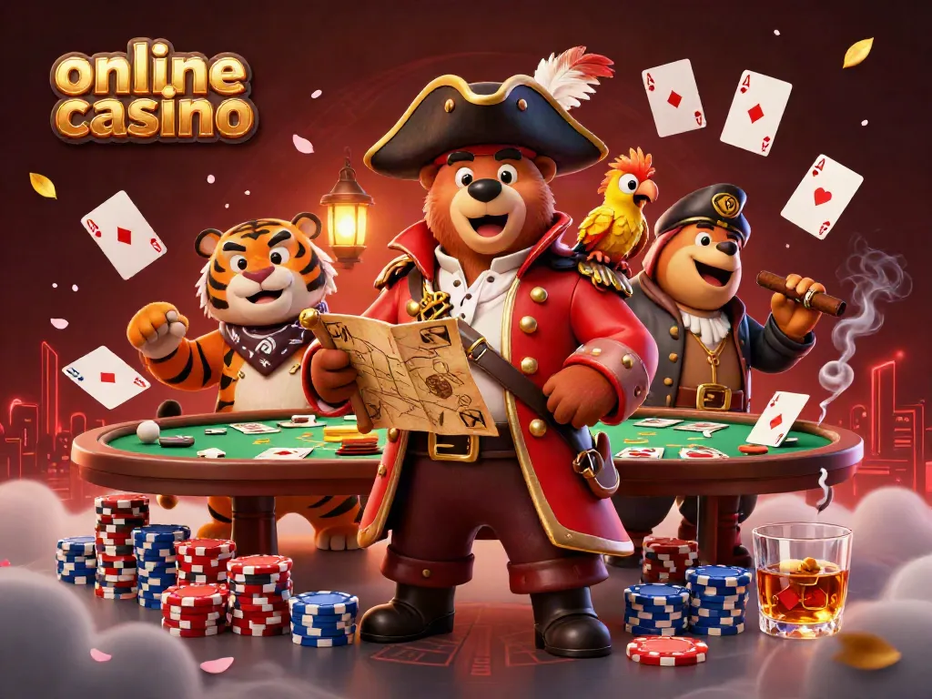 Engage in thrilling online casino adventures with colorful characters, poker tables, and vibrant game elements.