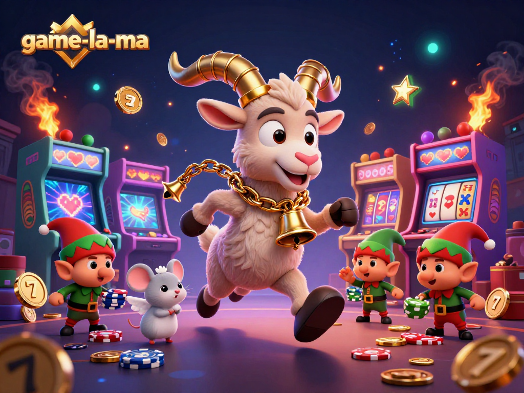 Engage in intense gameplay at game-la-ma with Krampus, angel mouse, and greedy elves stealing poker chips amidst excitement.