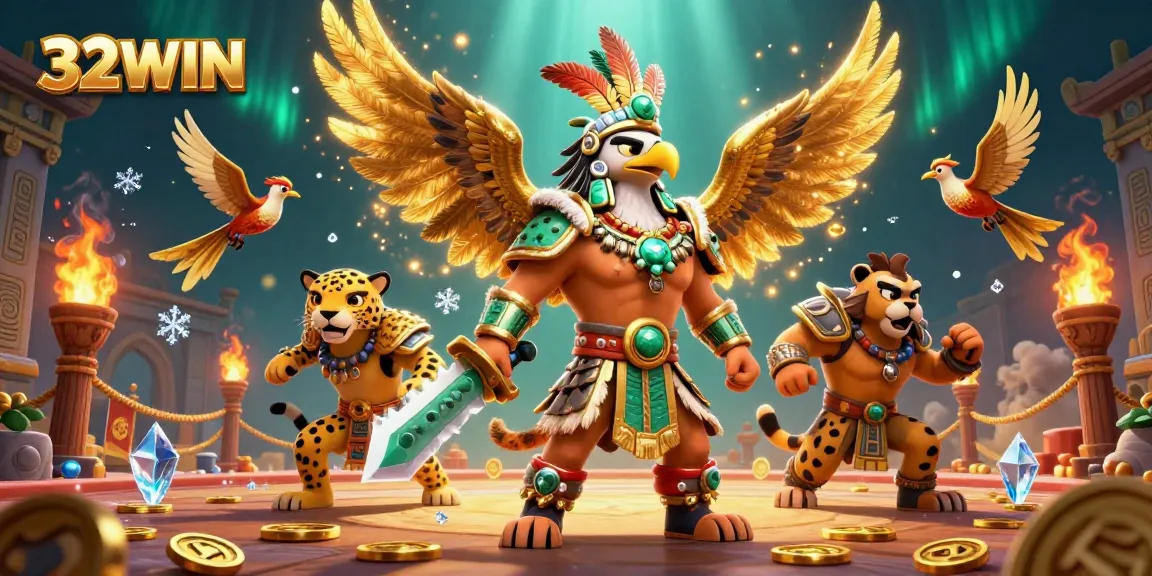 Experience thrilling bets with 32WIN featuring Aztec warriors in a dynamic casino illustration.