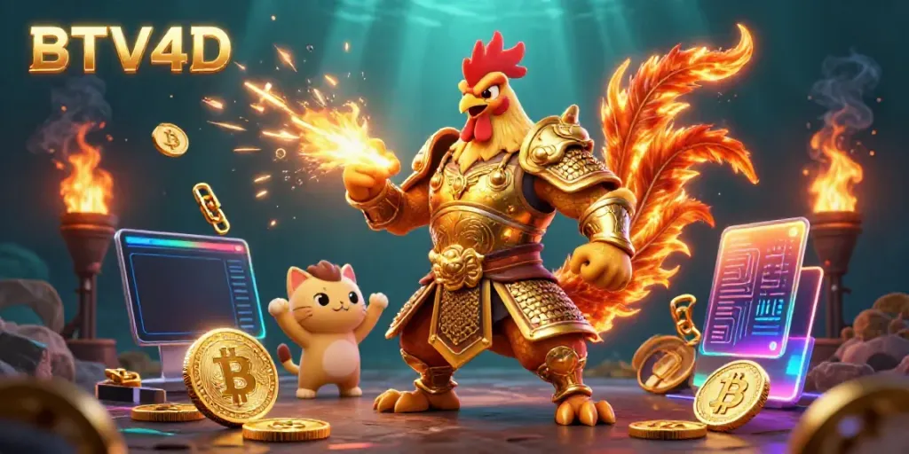 Gambarkan momen epik BTV4D dengan ayam petarung dan naga, dikelilingi oleh elemen kasino dan cryptocurrency.
