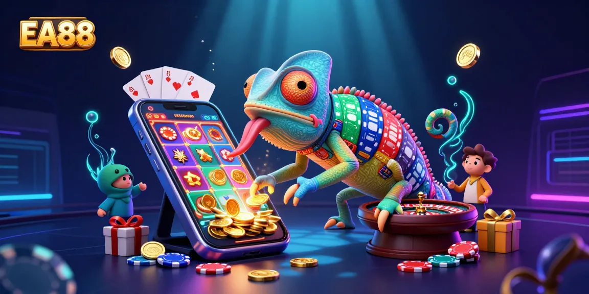 Experience the vibrant world of EA88 with a colorful chameleon casino owner amidst dynamic gaming elements.