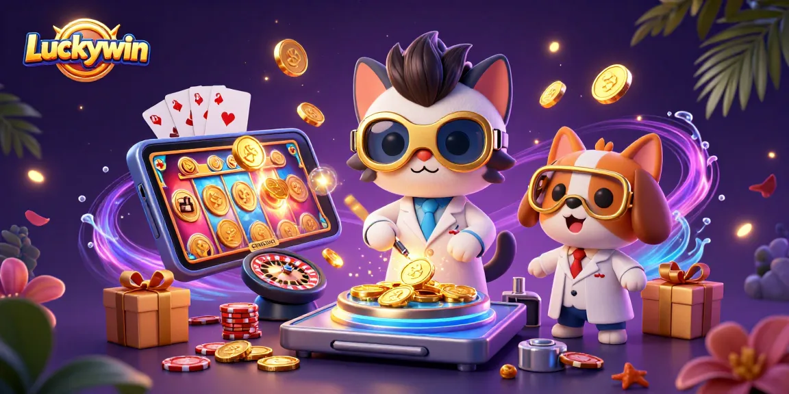 Experience the excitement of Luckywin with a mad scientist cat and lab assistant amidst gold coins and games.