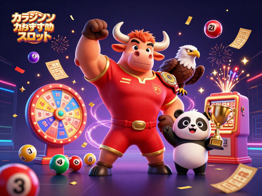 オンラインカジノおすすめスロットで勝利を祝うカジノのキャラクターたちが賑やかに描かれたイラスト