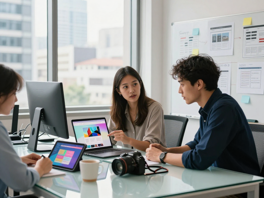 Creative team designing a website in Mexico, showcasing hosting en mexico features in a vibrant tech workspace.