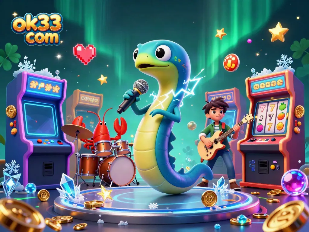Experience energetic gaming fun with the electric eel DJ at ok33 com's underwater casino stage.