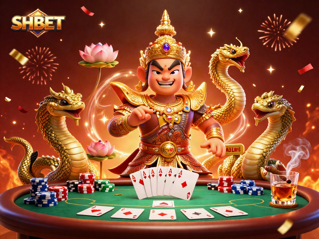 Engage in thrilling poker action with SHBET as colorful chips and cards surround festive characters.