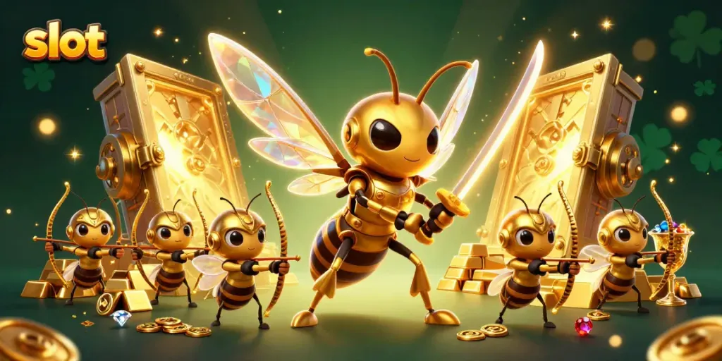 Slot gacor hari ini dengan raja lebah samurai dan archer di tengah tumpukan emas.