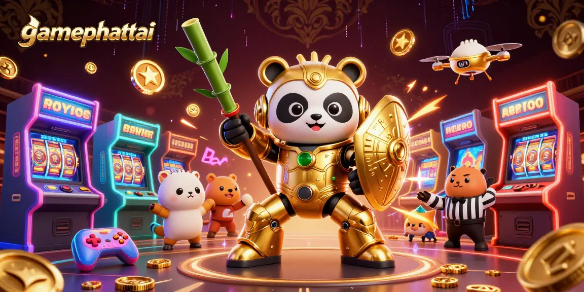 Engage in thrilling gameplay with gamephattai featuring a vibrant 3D scene of a panda in a mech-suit amidst slot machines.