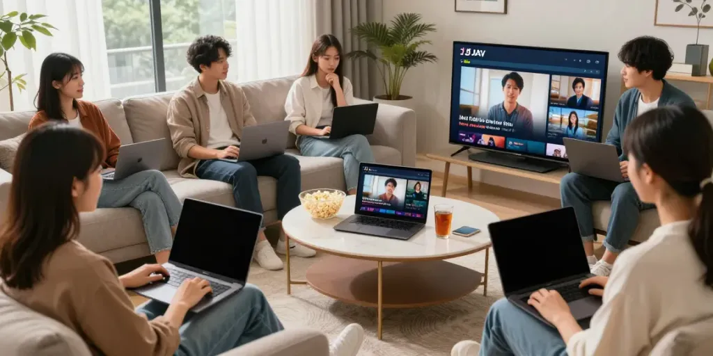 Viewers engaged with JAV sub indo content on various devices in a cozy living room setting.