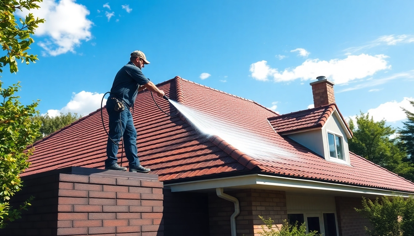 Roof Cleaning technician performing a gentle soft wash on a residential roof, ensuring a pristine finish.