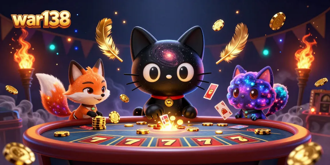 Experience the magic of war138 as characters pull in golden chips at a cosmic casino table.