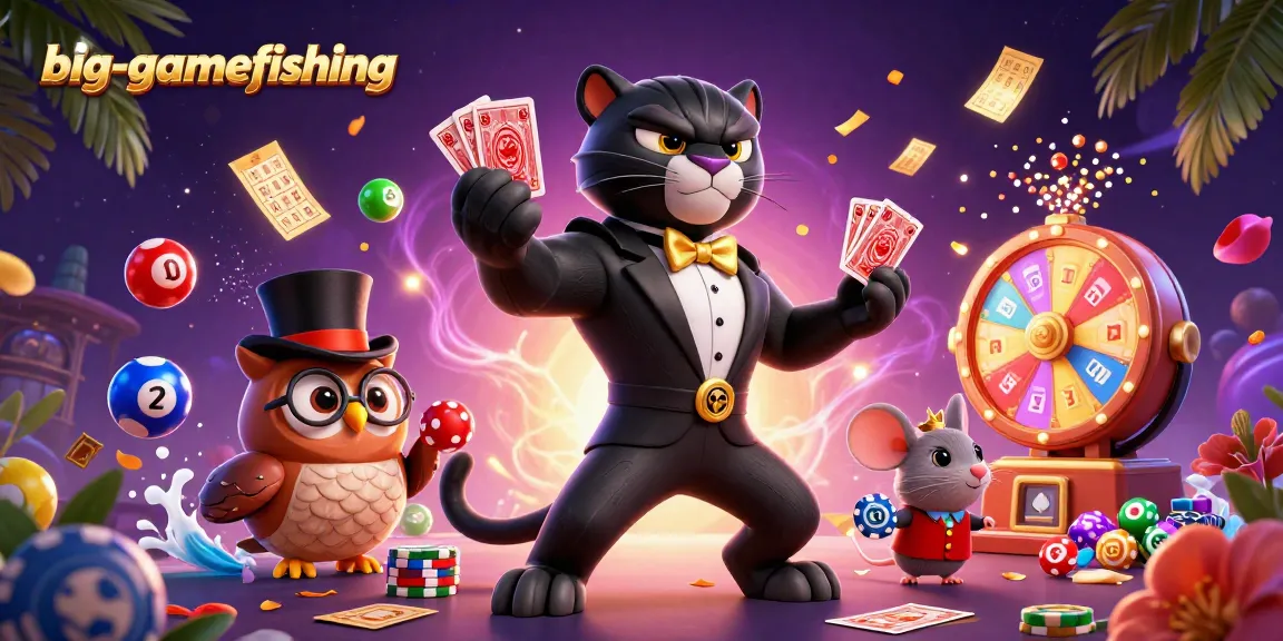 Engage in big-gamefishing with vibrant casino elements featuring a stylish panther, owl, and lucky mouse