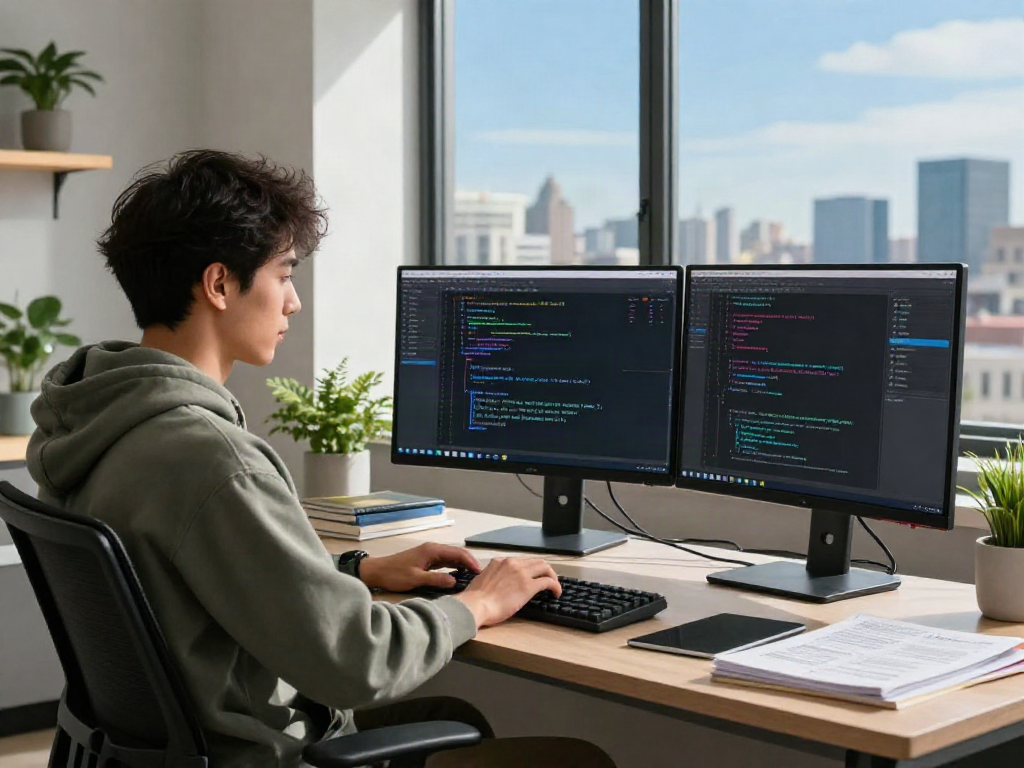 The AI Detector interface on dual monitors displays coding algorithms in a modern software workspace.