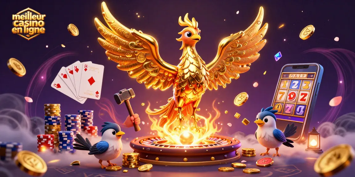 Illustration 3D d'un phoenix doré, symbole du meilleur casino en ligne, entouré de jetons et de pièces volantes.