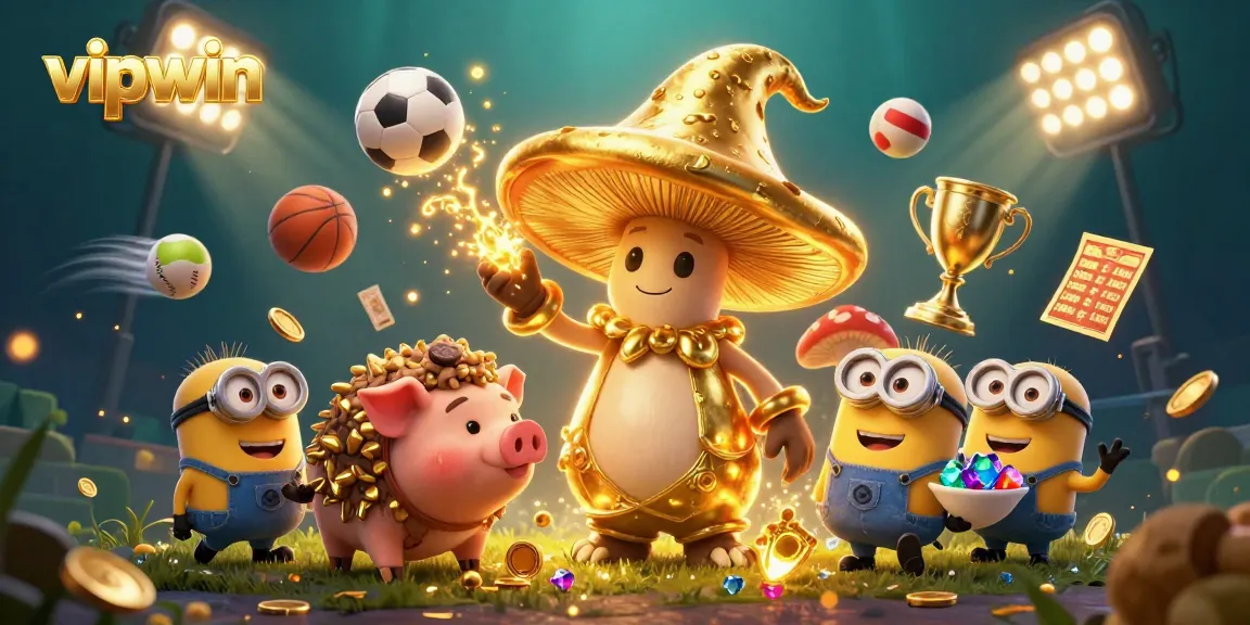 Experience winning with vipwin as a golden mushroom wizard conjures treasures in a dynamic casino scene.