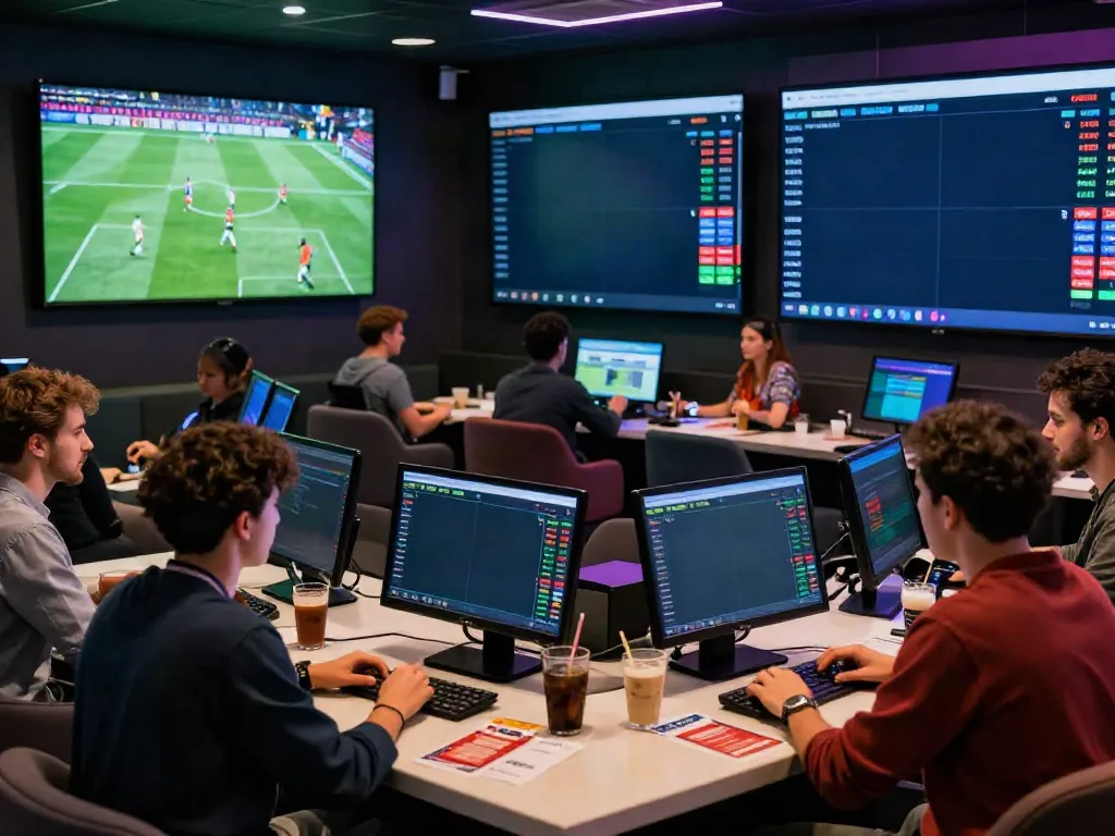 Engaged bettors at WWBOLA betting lounge analyzing live football match odds.
