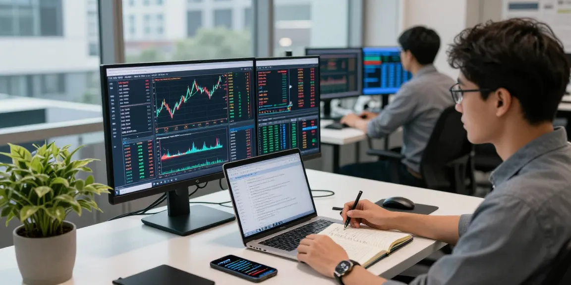 Professional trader using mt5 in a modern workspace with dual monitors and market analysis tools.