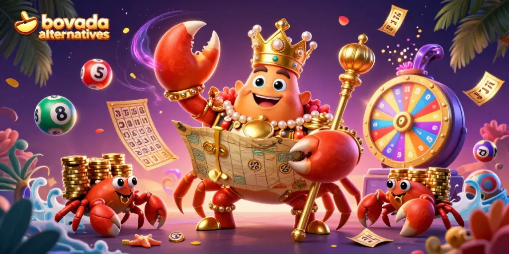 Engage with Bovada alternatives through an exciting 3D casino scene featuring a majestic crab emperor.
