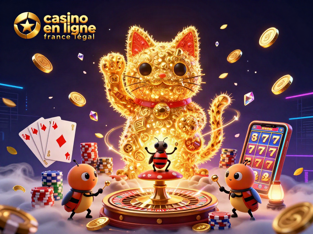 Illustration dynamique de casino en ligne légal en France, avec des feux follets et des symboles de jeux d'argent.