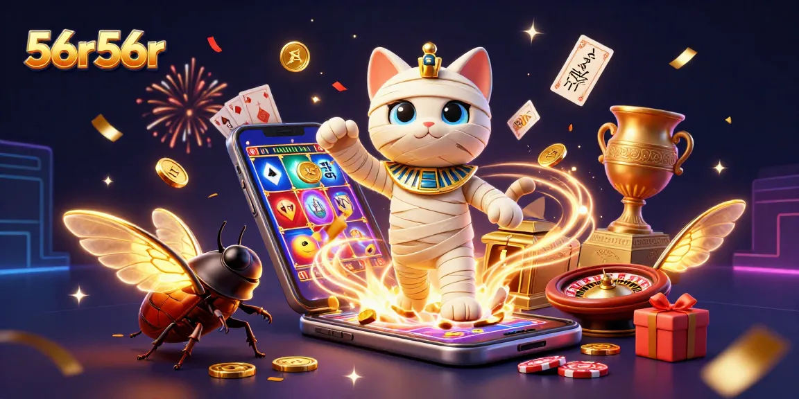 Jogando 56r56r, um gato mumificado egípcio e um escaravelho em um vibrante cassino