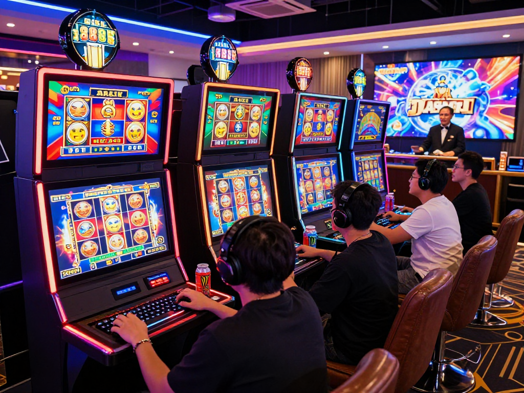 Players joyfully engaging with slot888 games in a lively virtual casino atmosphere, showcasing excitement and vibrant graphics.