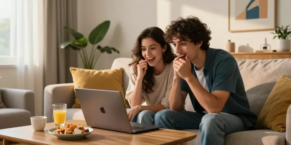 A couple enjoying Ari Kytsya porn on a laptop in a cozy living room.