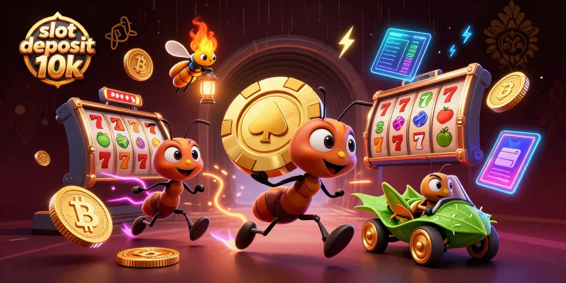 Experience the excitement of playing slot deposit 10k with cartoon ants heist illustration featuring casino elements and cryptocurrencies.