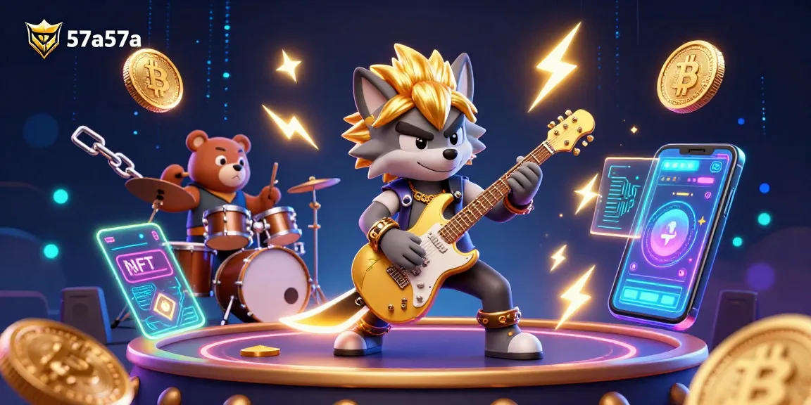 Experience the excitement of 57a57a with a cartoon rock star wolf and crypto elements while gambling.