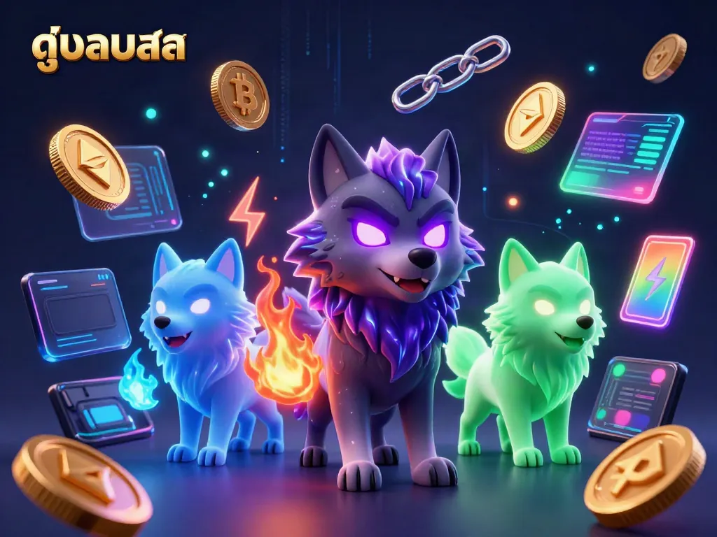 Experience ดูบอลสด excitement with vibrant spectral wolves and glowing crypto coins in a dynamic scene.