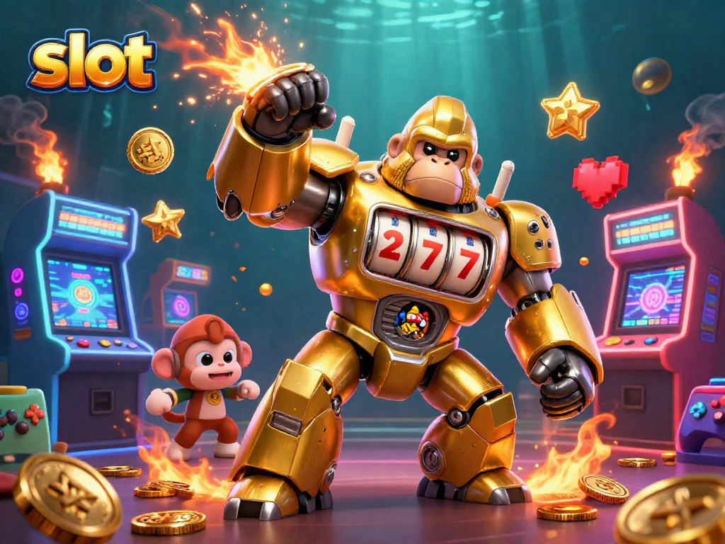 Slot online dengan gorila emas mekanik dan mesin arcade, menunjukkan keseruan permainan.