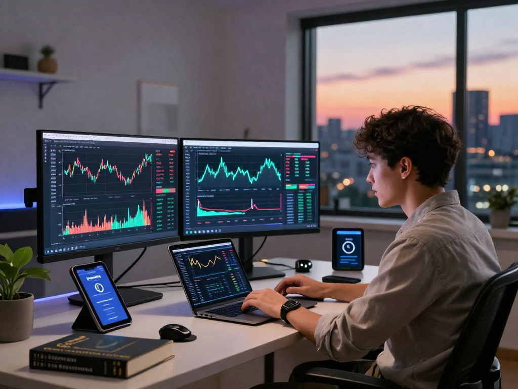 Trader analyzing the KyberSwap platform for cryptocurrency trading from a modern home office.