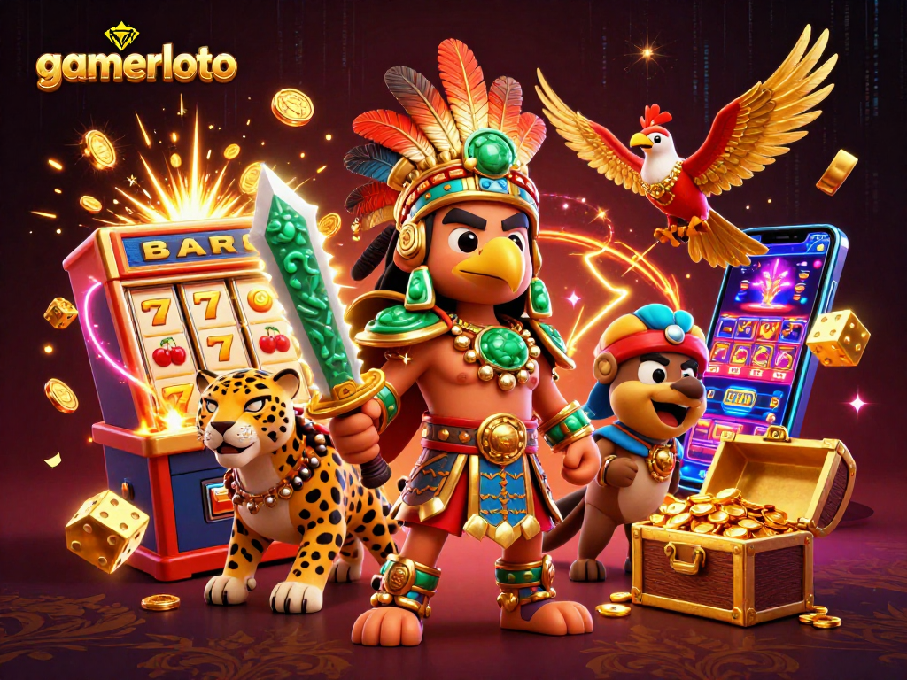 Experience thrilling jackpots with gamerloto—a vibrant casino scene showcasing dynamic 3D characters and  winning slot elements.