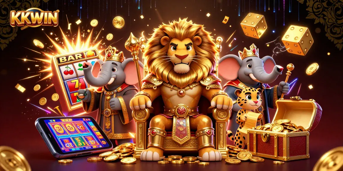 KKWIN showcases a fierce lion king with golden armor amidst a vibrant casino scene of games and excitement.