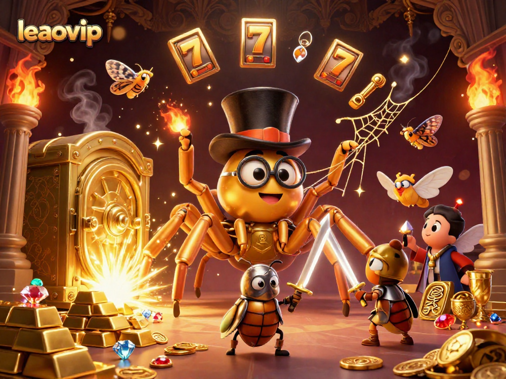 Experience the excitement of leaovip as the golden tarantula and beetle knight engage in a vibrant casino landscape.