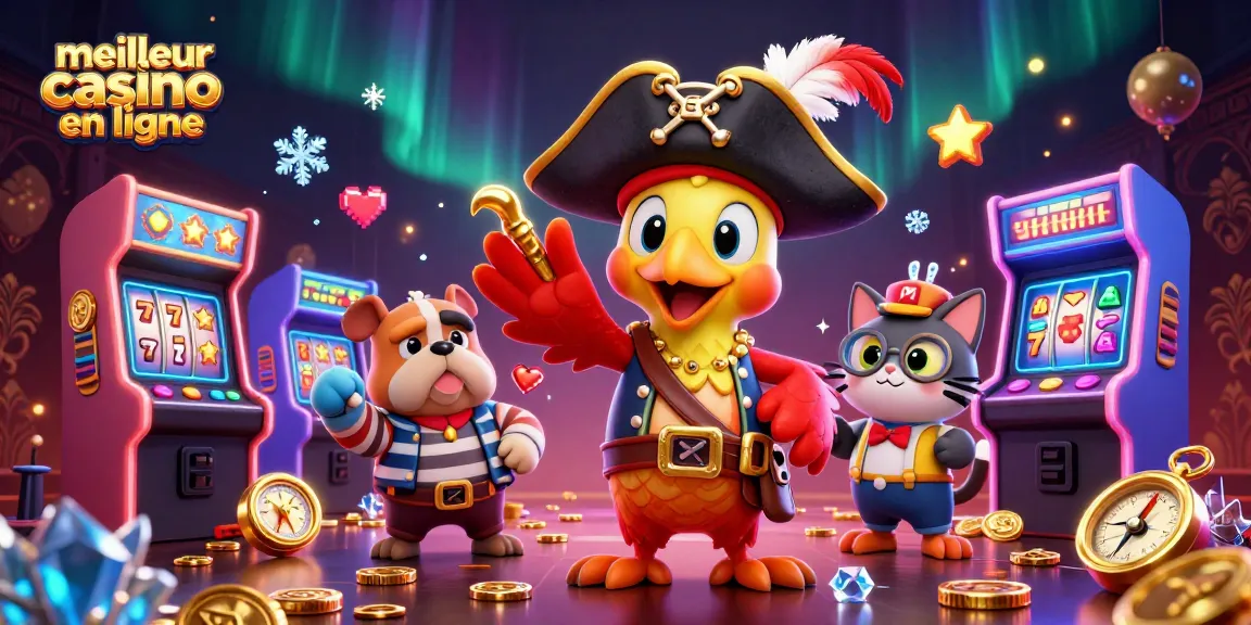 Illustration colorée du meilleur casino en ligne avec un pirate, un bulldog et un chat navigateurs autour de machines à sous.