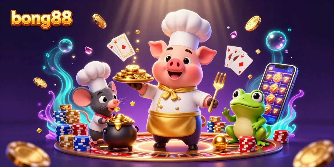 Experience the excitement of bong88 with a 3D casino scene full of vibrant games, coins, and characters.