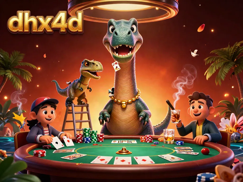 DHX4D menampilkan brontosaurus berukuran raksasa yang mengawasi meja poker, dikelilingi banyak chip dan kartu.