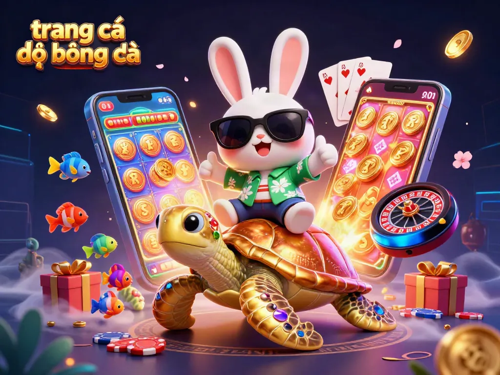 Trang cá đọ bóng đá với hình ảnh thỏ 3D dễ thương và rùa vàng trong môi trường casino sống động.