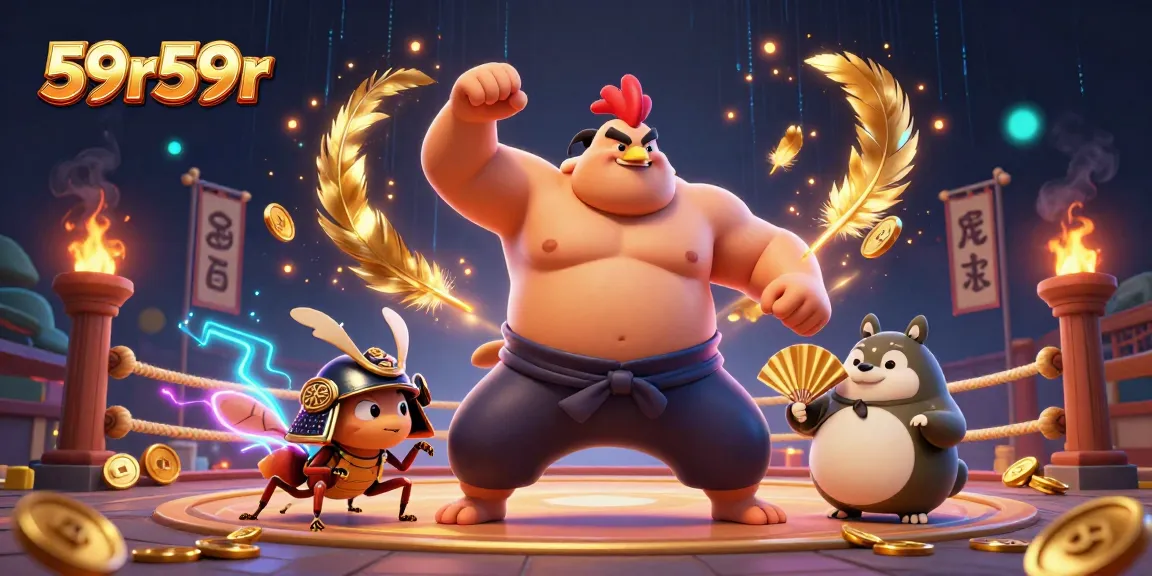 Experience dynamic gambling action with 59r59r's fierce rooster sumo wrestler and samurai cricket.