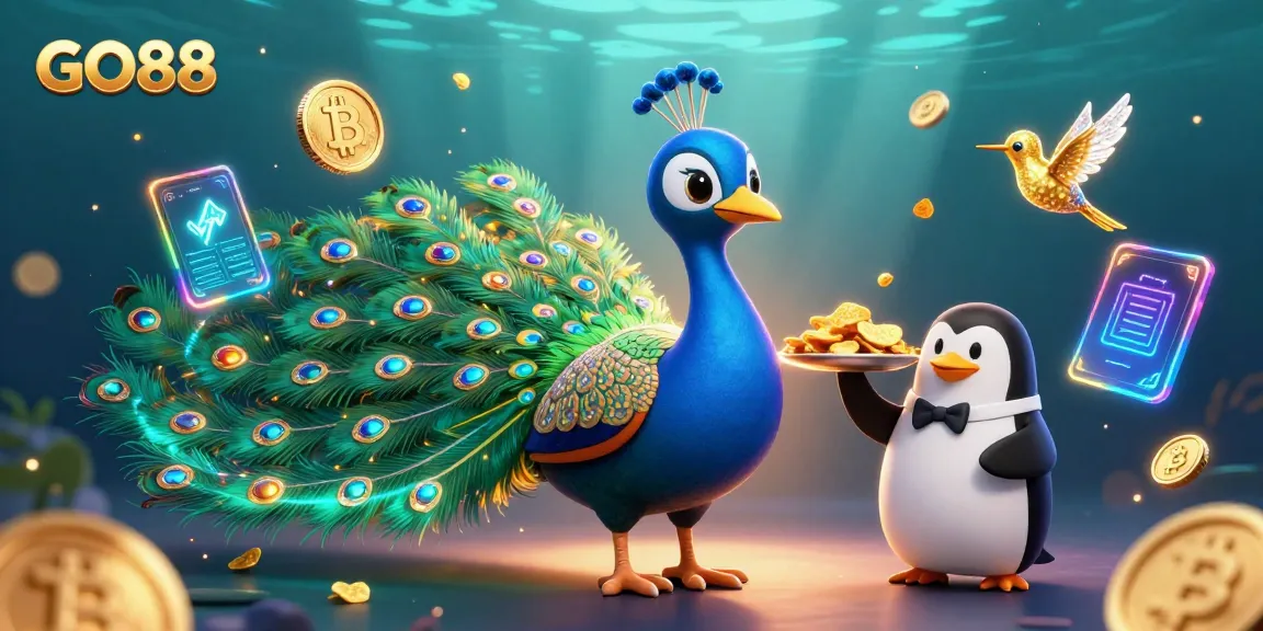 Spin the reels with GO88's dazzling casino experience featuring vibrant characters and crypto elements.
