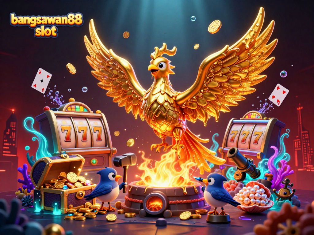 Spin to win with bangsawan88 slot, showcasing a golden phoenix and vibrant casino elements.