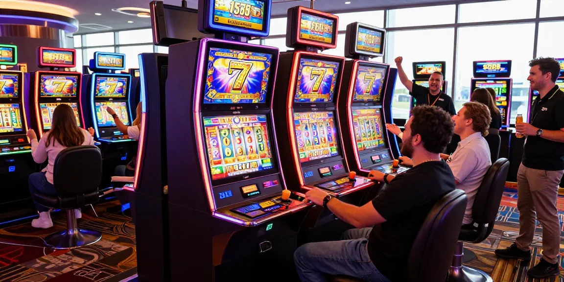 Excited players enjoying slot 777 machines in a lively casino setting, vibrant lights creating an energetic atmosphere.