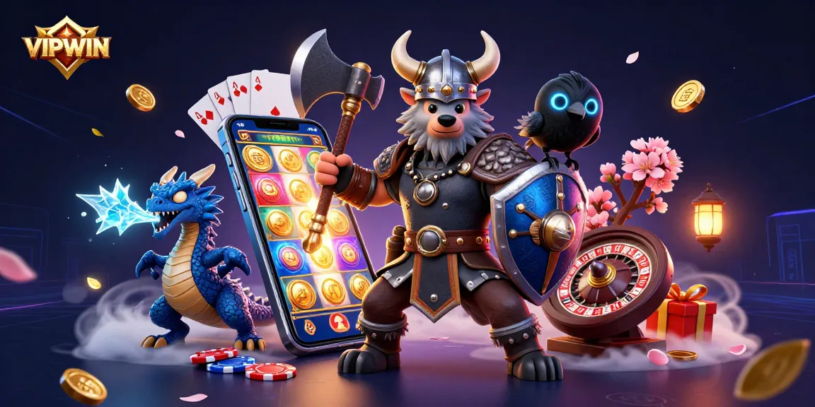 Engage in thrilling gaming at VIPWIN, showcasing dynamic characters and vibrant casino elements.